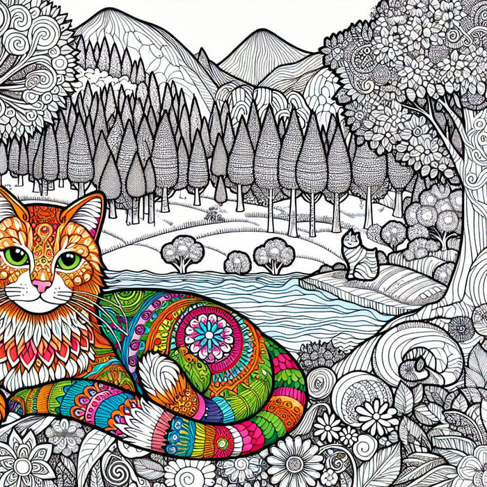 Intricate Nature Landscapes for Adult Coloring with Cats