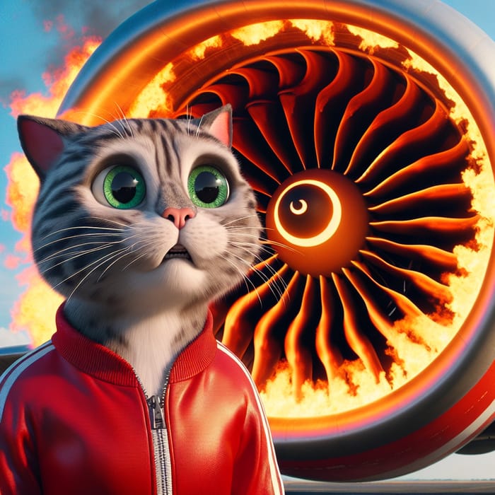 Hyperrealistic Cartoon Cat in Red Track Suit Witnessing Airplane Engine Fire