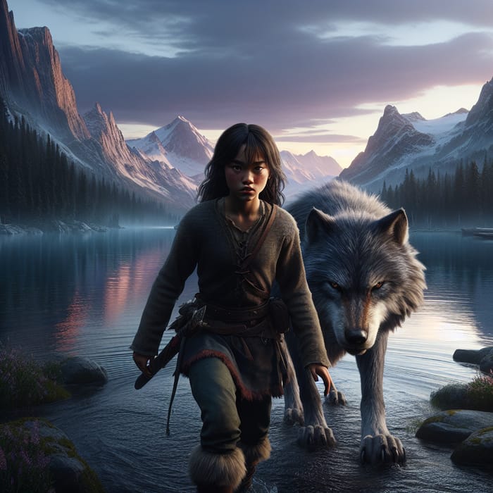 Feared Asian Girl and Wolf by Serene Lake | Majestic Wilderness Scene