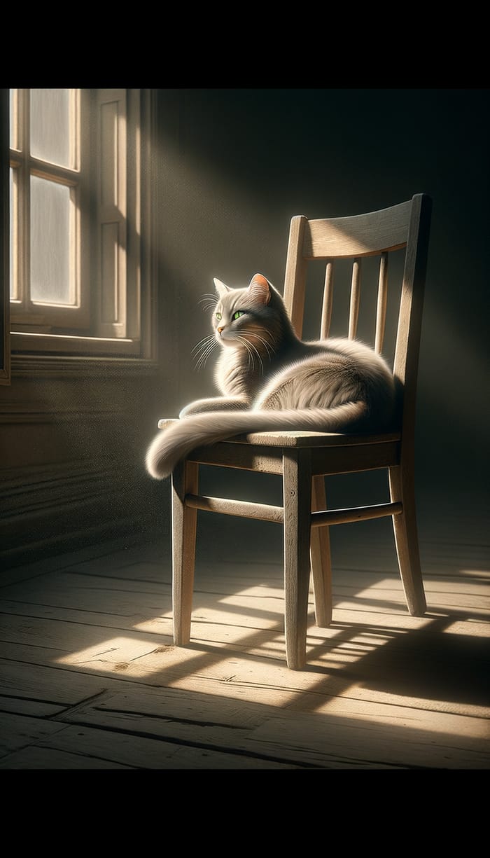 Tranquil Cat on Wooden Chair - Captivating Pose in Sunlight