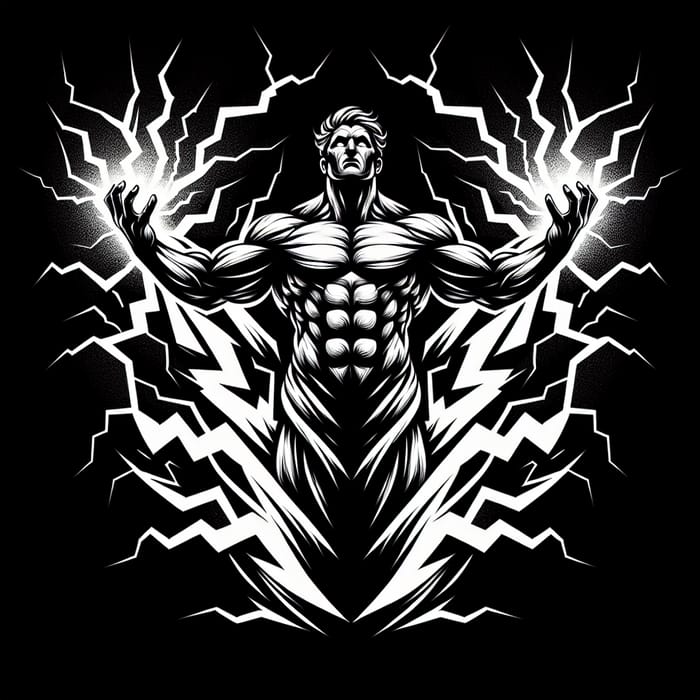 Zeus-Inspired Lightning Deity Logo: Muscular Figure in Black and White