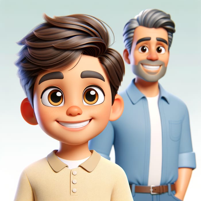 Hispanic Young Cartoon Boy Smiling with Parent - 3D Animation Style