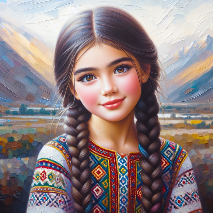 Oil Painting of Tajik Girl in National Dress with 2-Sided Hair Braids