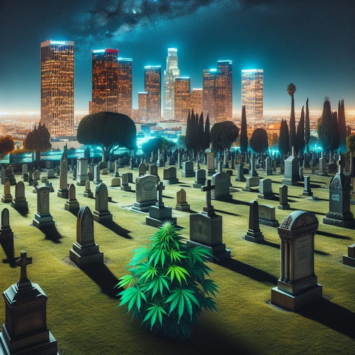 Los Angeles Night Cityscape with Cannabis Plant in Graveyard