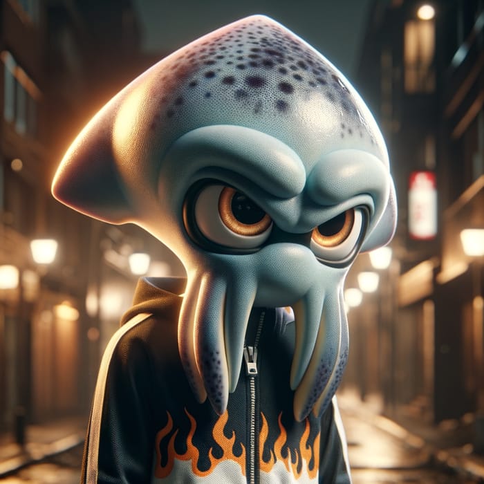 Sad Squid on Dark Street in Flame Nike Outfit. Ultra Realistic, 4K, HD.