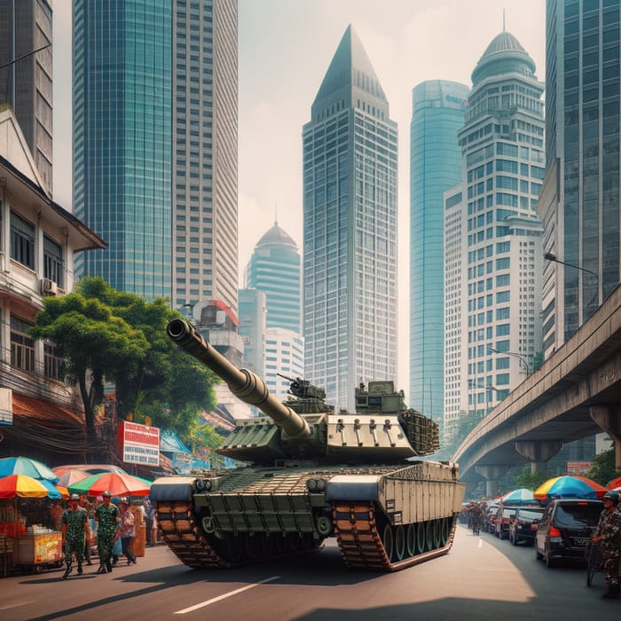 Tank Marching in Jakarta - Urban Streets with Skyscrapers