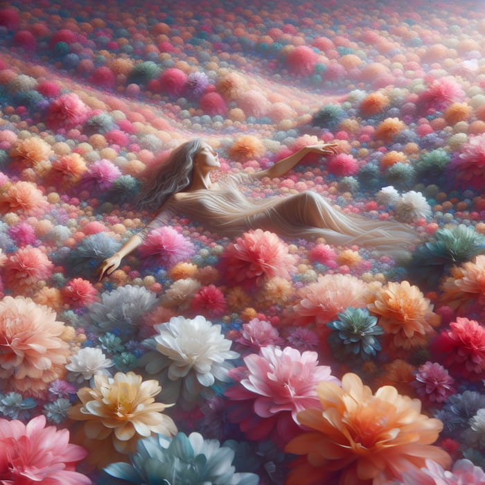 Tranquil Surreal Scene: Woman Floating Among Vibrant Flowers