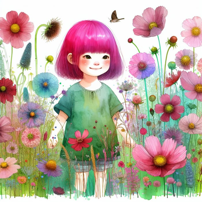 Whimsical Young Asian Girl Illustration with Pink Hair and Colorful Flowers