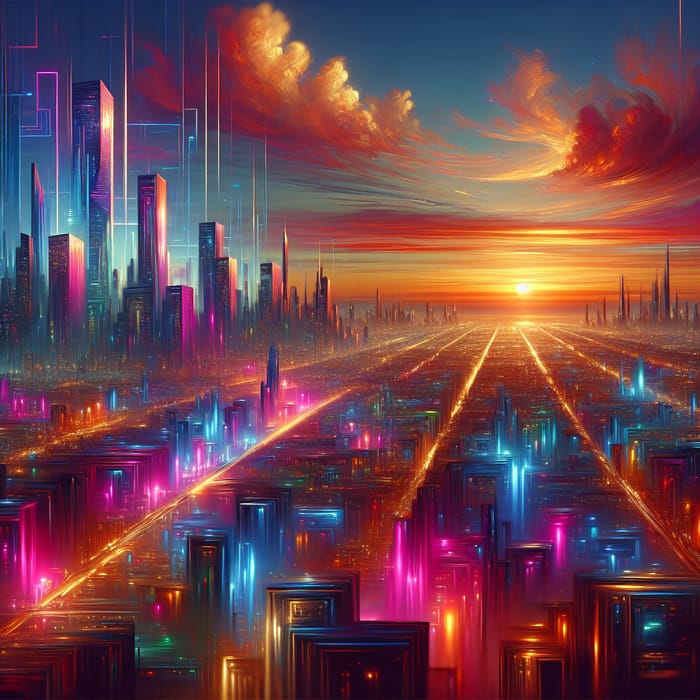 Vibrant Neon Cityscape at Sunset - Syd Mead Inspired Cyberpunk Art