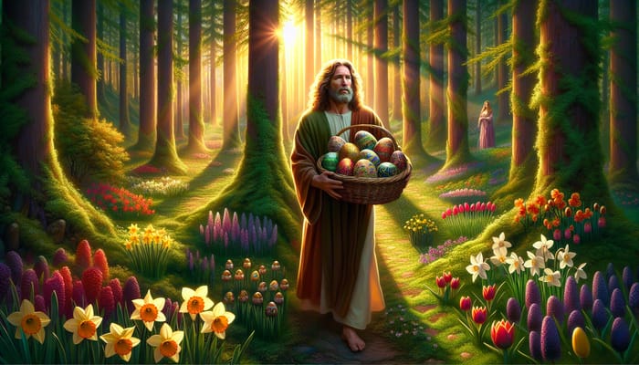 Vibrant Forest Scene: Jesus with Easter Eggs & Flowers