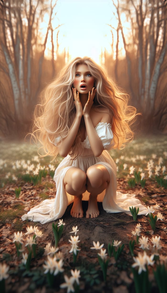 Astonishing Ostara Goddess With Long Blond Hair in White Summer Dress