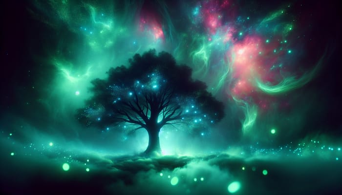 Dark Whimsical Tree in Vivid Swirling Mist with Ethereal Sparkles