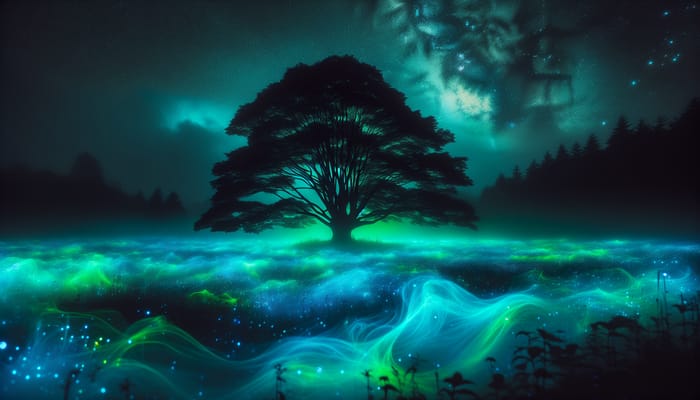 Dark Whimsical Tree in Vivid Mist with Bioluminescent Colors