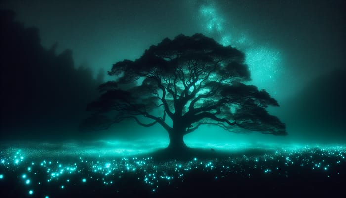 Dark Whimsical Tree in Vivid Mist with Bioluminescent Sparkles