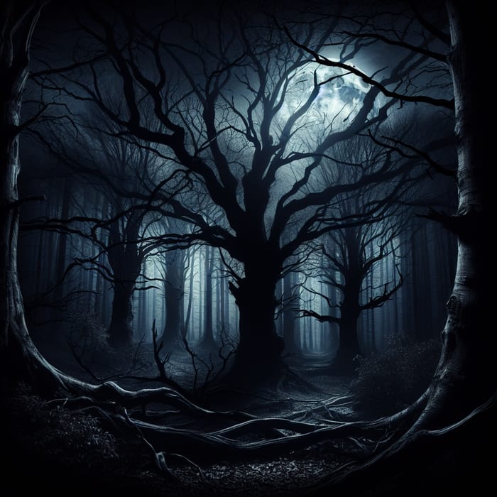 Midnight Forest Silhouettes: Ominous & Chilling Atmosphere