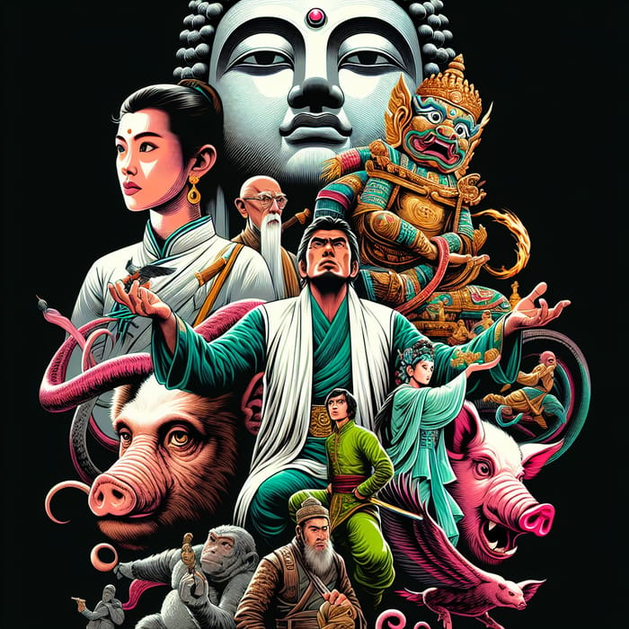 Journey to the West: Colorful Fantasy Poster with Mythical Characters