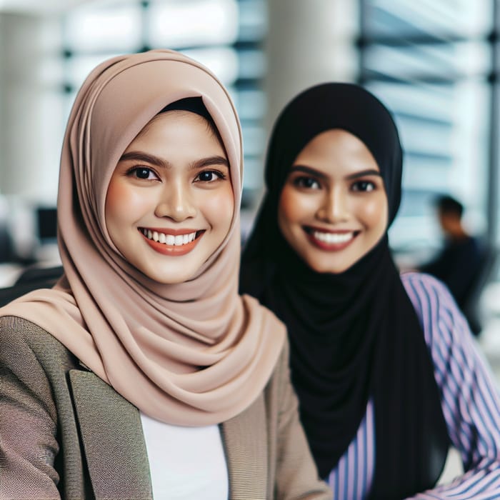 Joyful 28-Year-Old Malay Woman in Hijab at the Office