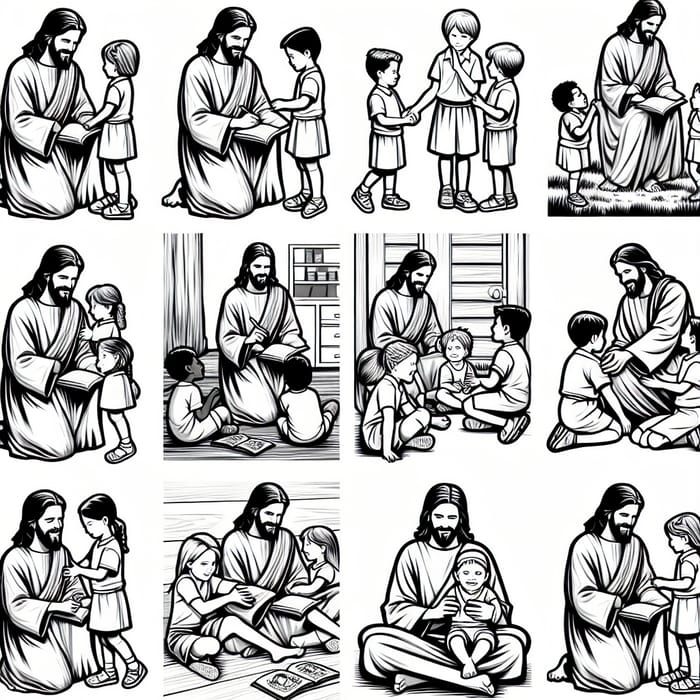 Religious Coloring Pages of Jesus with Diverse Children for Sunday School