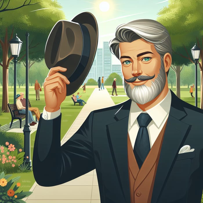 Elegant Gentleman Tipping Hat in a Sunny Park