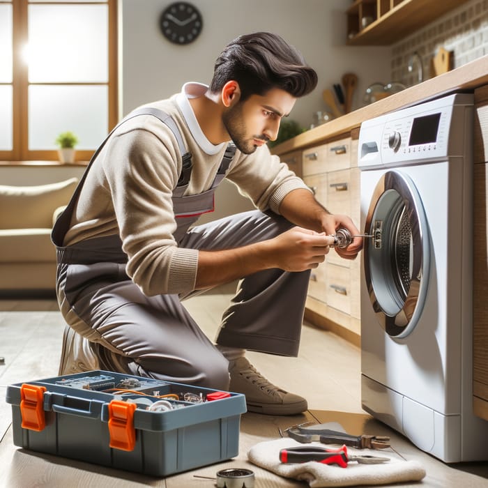 High-Quality Man in Uniform Repairing Washing Machine at Home