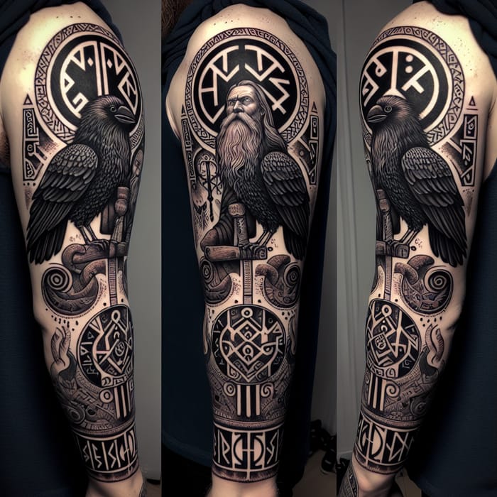 Scandinavian Style Odin Tattoo with Hugin and Munin