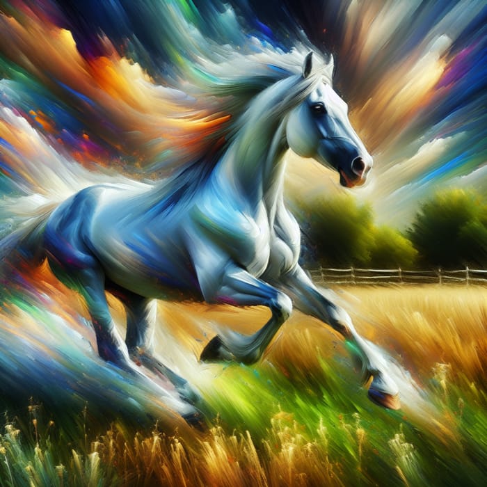 Vibrant White Horse Galloping Through Lush Field