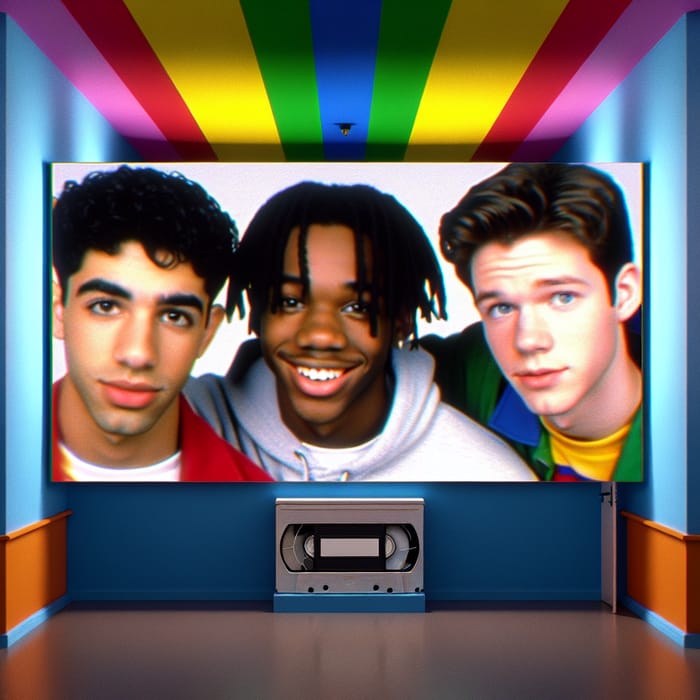 Colorful Hallway with Diverse Young Men | 90s Toy Commercial Vibe