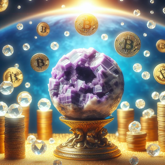 Purple Charoite Mineral Sphere on Golden Stand | Bitcoin Coins Background