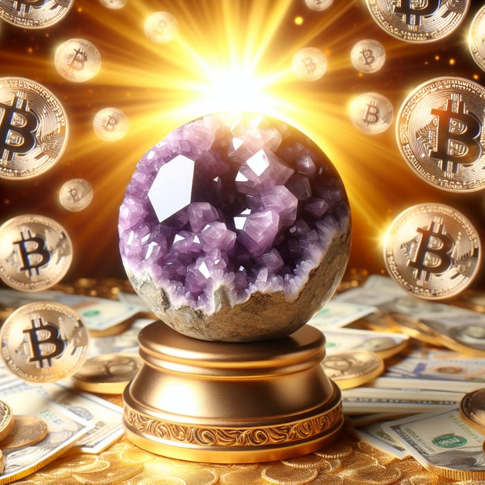Charoite Sphere on Gold Stand with Bitcoin Coins and Golden Glow