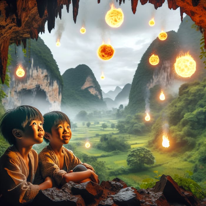 Asian Boys Astonished by Fireball Spectacle in Mountain Cave