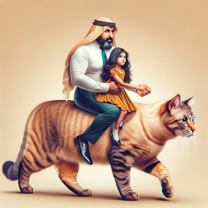 Surreal Moment: Man Holds Hispanic Girl Riding Majestic Cat