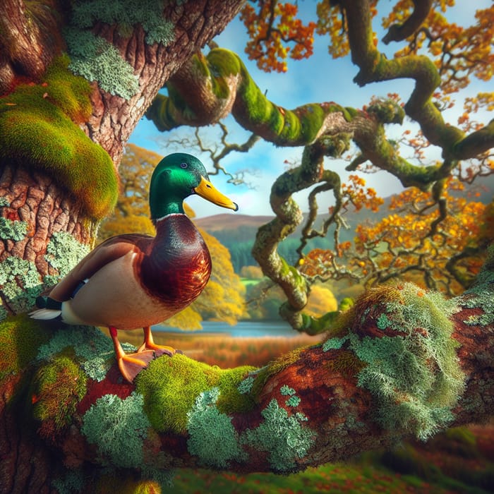 Majestic Duck Perched on Oak Tree Branch | Nature's Beauty