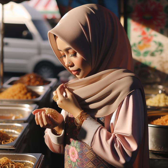 Tranquil Malaysian Malay Hijabi Woman Admiring Gold Jewelry at Food Booth