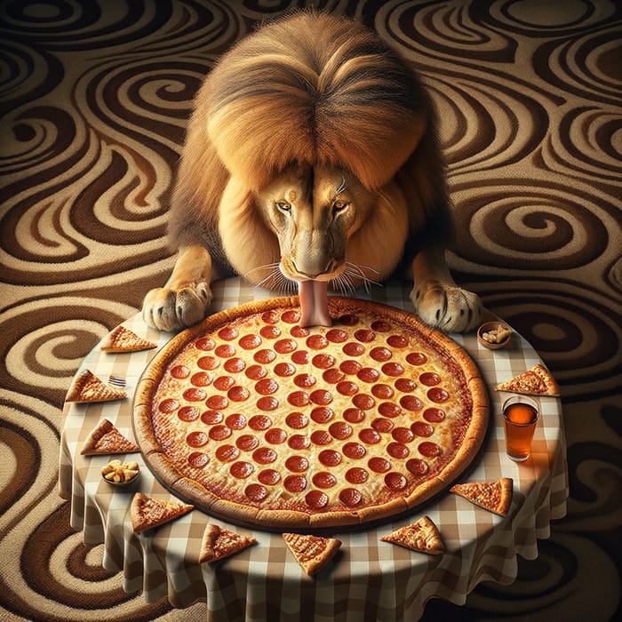 Majestic Lion Eating Pepperoni Pizza on Table
