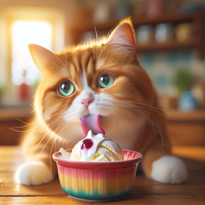 Playful Cat Eating Ice Cream: Sweet Treat Delight | Cozy Home Scene