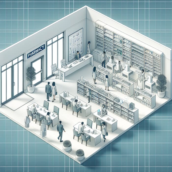 3D Pharmacy Floor Plan with Spacious Waiting Area & Consultation Room