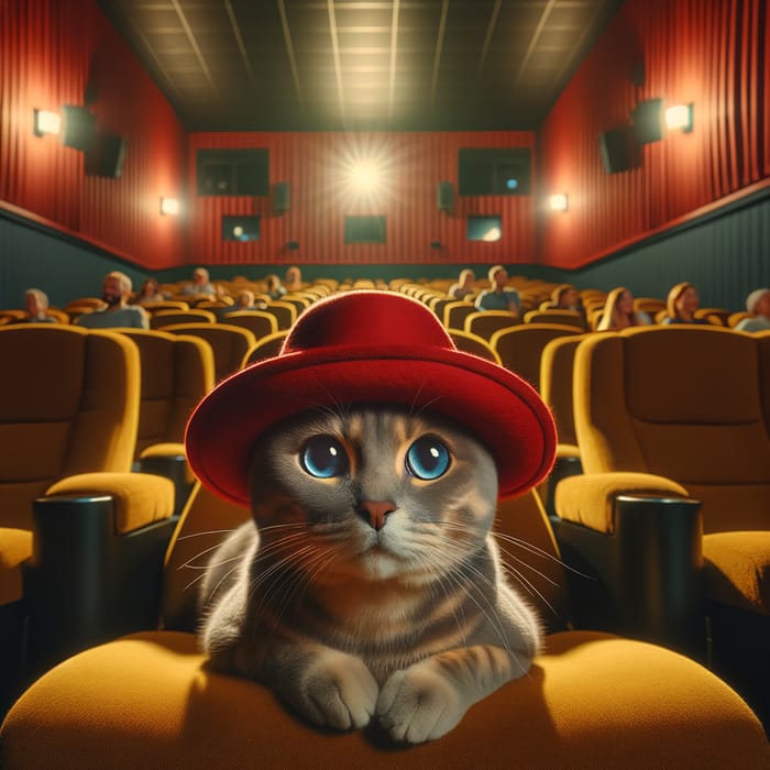 Mesmerizing Blue-Eyed Cat in Red Hat at Cinema