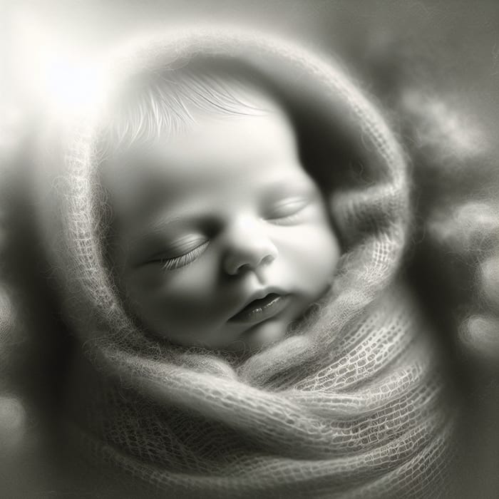 Innocent Newborn Baby Wrapped in Soft Blanket - Black and White Photo