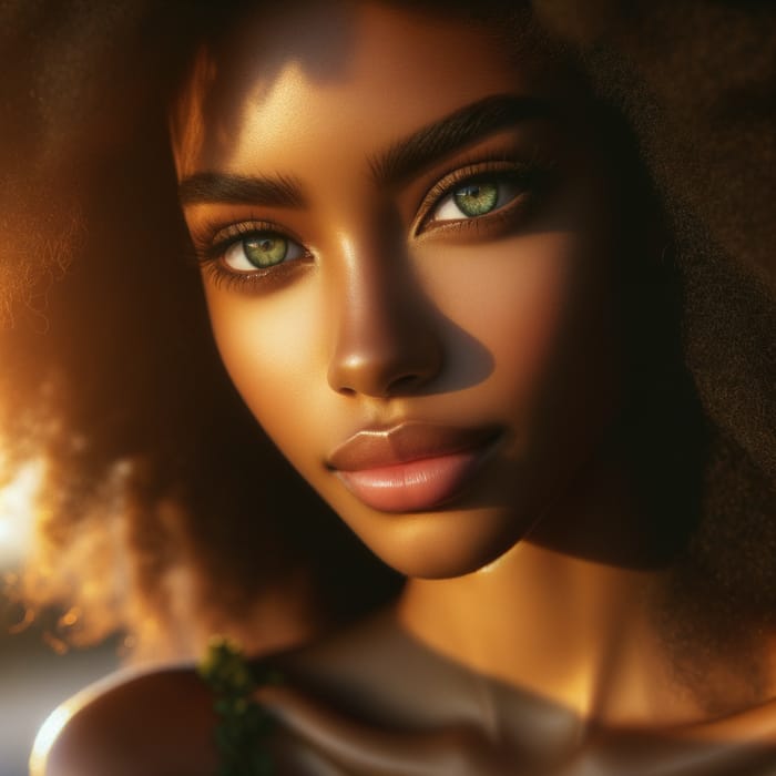 Gleaming Dark-Skinned Woman with Sunlit Hazel Green Eyes