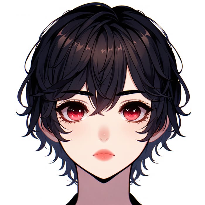 Anime Boy with Black Wavy Hair, Red Eyes, and Pink Plump Lips