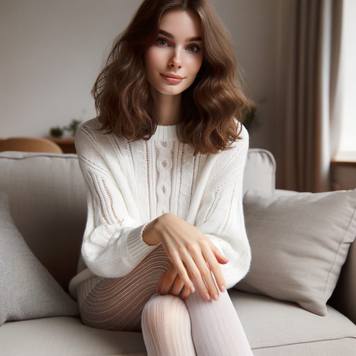 Caucasian Woman in White Tights Sitting on Sofa