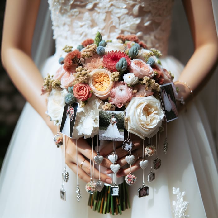 Bride with Bouquet and Photo Charms for Wedding