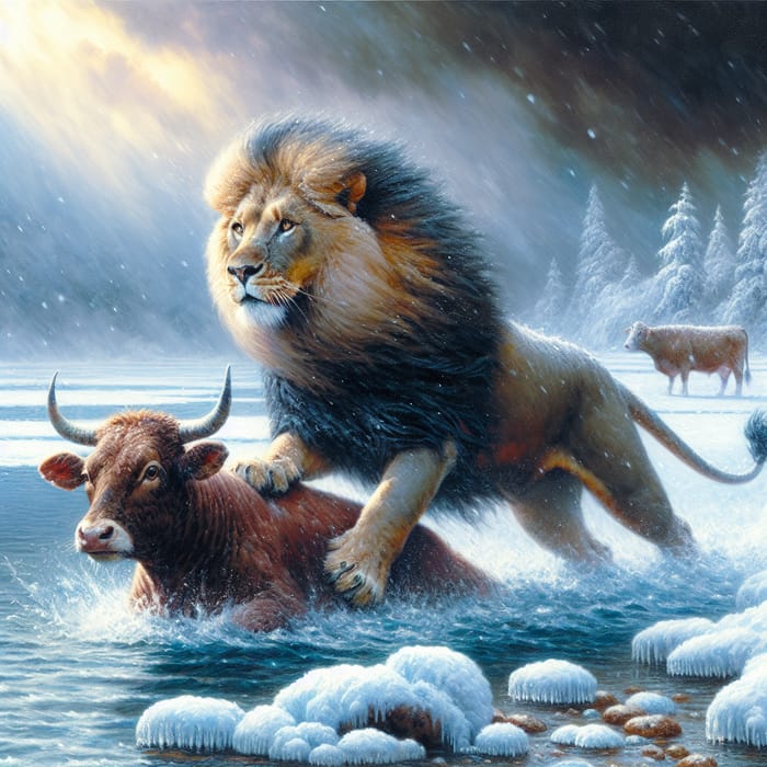 Majestic Lion Saves Cow in Snowy Wilderness | Vibrant Wildlife Photography