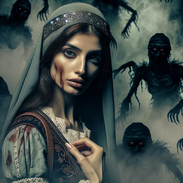 Realistic Medieval Woman Surrounded by Terrifying Shadows and Fog