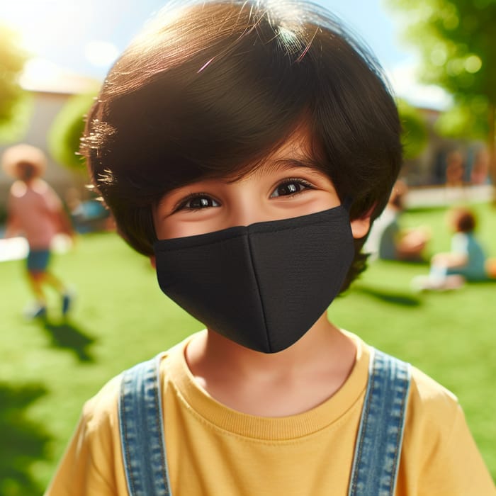 Black Masked Boy Outdoors: Mischievous Joy in a Sunny Scene