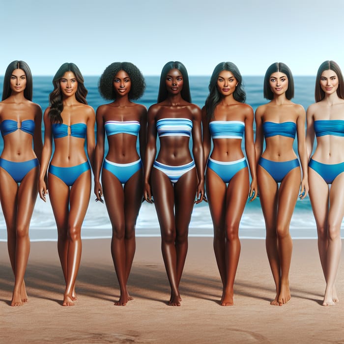 6 Young Women of Different Races Posing in #3a397b Bikinis on Beach