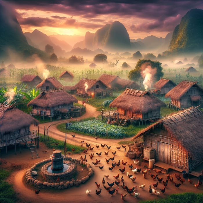 Tranquil Village Scene | Peaceful Village with Thatched Huts & Chickens