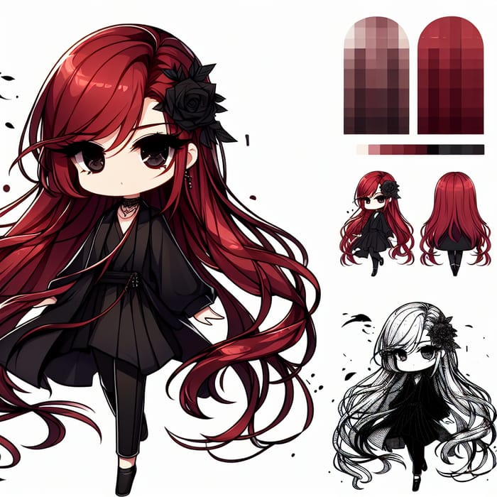 Chibi Character with Long Red Hair and Dark Attire on White Background