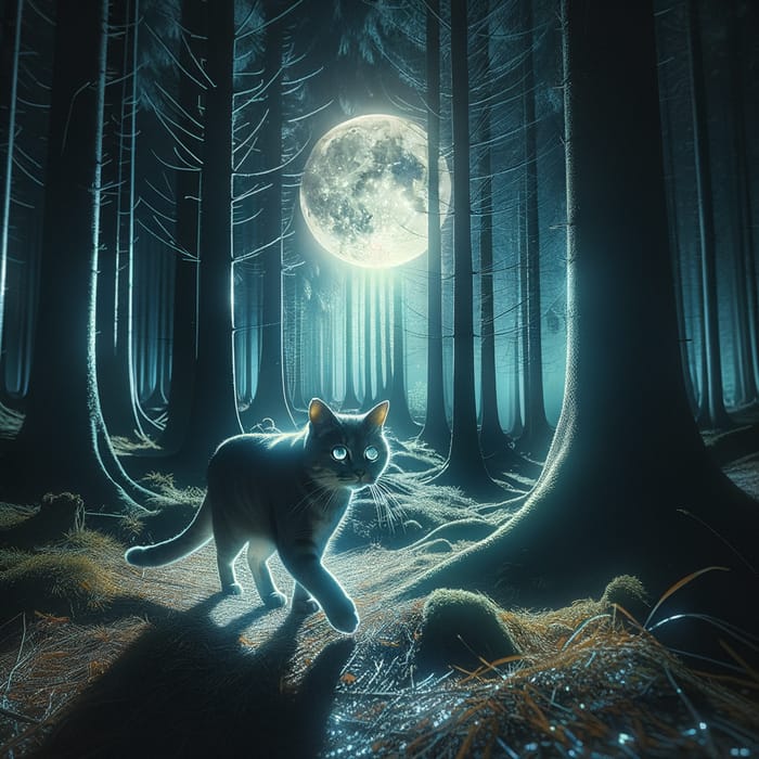 Enchanting Cat Under Moonlit Forest Canopy