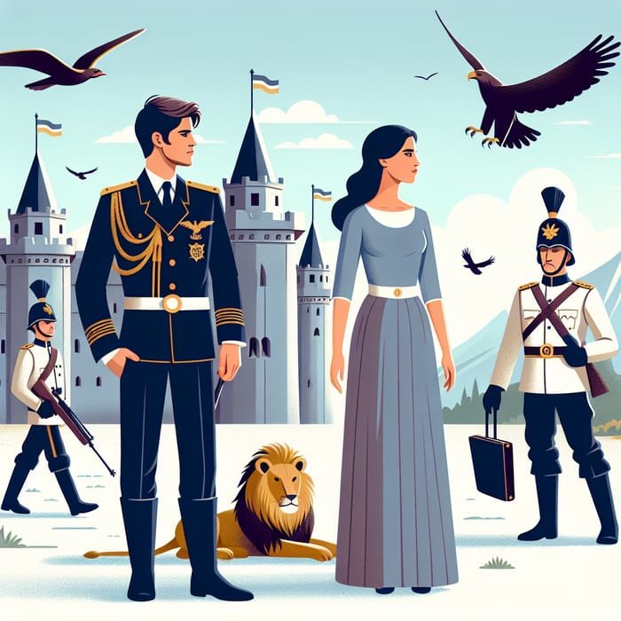 Male and Female Public Figures with Soldiers and Lion Outside Castle